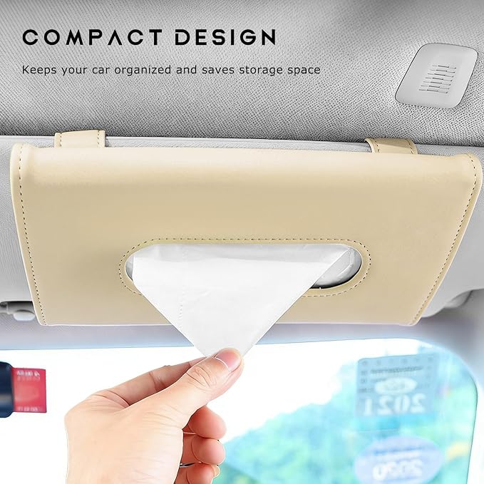 Car Tissue Holder, Auto Sun Visor Napkin Holder Hanging Paper Towel Dispenser with Tissue Refill, Premium Leather Napkin Case Mask Organizer for Backseat & Visor, Car Accessories (Beige)