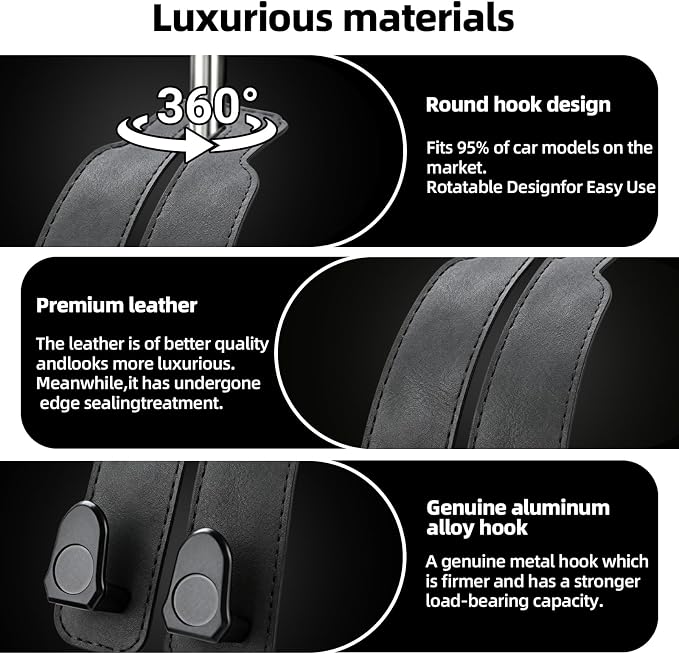 Platch Car Purse Hook 2 Pack Headrest Hooks for Car, Luxurious Leather Material, Seat Back Storage Hook Multifunctional Car Seat Hooks Keep Car Tidy (Grey)