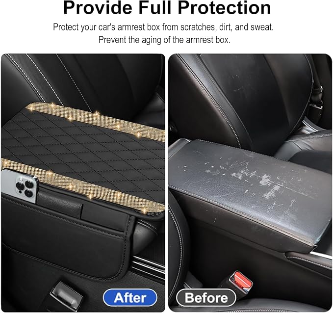 Bling Car Center Console Cover, Leather Car Arm Rest Cover Cushion with 2 Storage Bags, Universal Auto Armrest Protector, Bling Accessories Interior for Most Vehicles(Champagne Diamond)