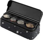 carleef Bling Coin Holder for Car,4 Compartment Car Organizers and Storage with Rhinestones Compatible with Quarter/Nickel/Pennies/Dimes,Universal Coin Organizer for Car Truck SUV (Black)