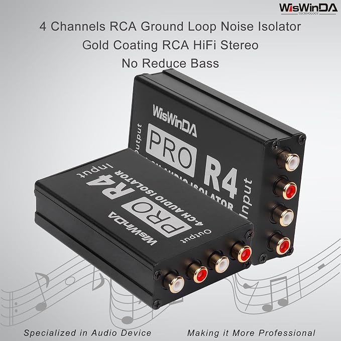 Pro RCA 4Channels HiFi Stereo Ground Loop Noise Isolator Gold Coating RCA Connectors Aluminum Shell Noise Filter for car and Home Using in Different situations (WDISO-AA02-RCA)