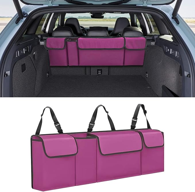 Car Trunk Organizer, Waterproof Collapsible Cargo Bag with 4 Pockets,Backseat Hanging Large Storage with Adjustable Straps, Sturdy Space Saver Frees Trunk Floor for SUV, Truck (Purple)