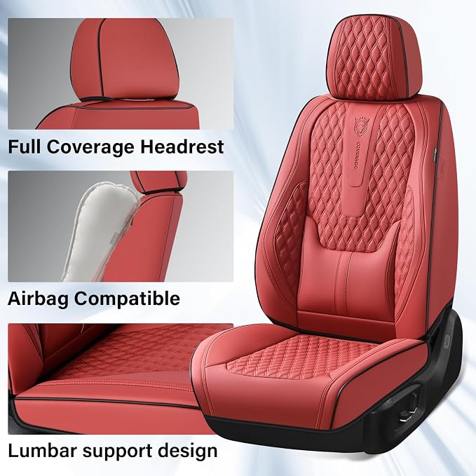 Coverado Full Set Car Seat Covers, Nappa Leather Seat Covers, Waterproof Car Seat Protector with Lumbar Support, Automotive Seat Covers Universal Fit for Most Cars SUV Trucks (FullSet, Red-Blackline)