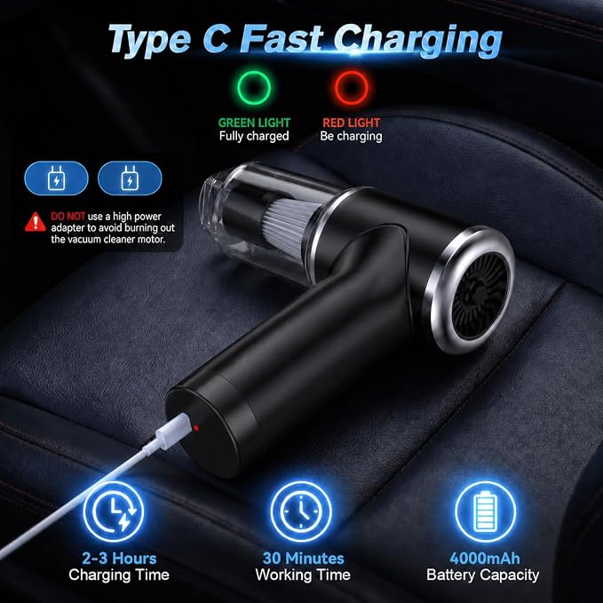 Handheld Vacuum Cordless 12000PA Real Strong Suction,Portable Small Car Vacuum Cleaner with 4 Modes & 4000mAh Rechargeable Battery,3 Filter,7-in-1 Cleaning Kit for Home Office Car Pet (Black)