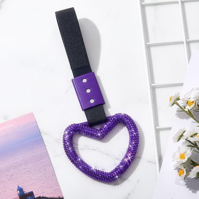 Bling Car Accessories Bling Heart Handle Ring Car Accessory for Women Hand Strap Drift Charm Rear Bumper Warning Ring Decor for Auto Bus Interior Exterior Decoration (Purple, Heart Style)