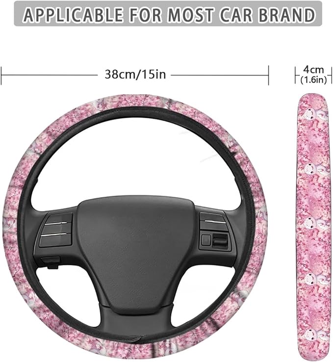 Floral Axolotl Cherry Flower Pink Pattern Steering Wheel Cover Wear-Resistant Car Wheel Protector Auto Wheel Cover Automotive Accessories Universal Fit Van Car SUV Truck