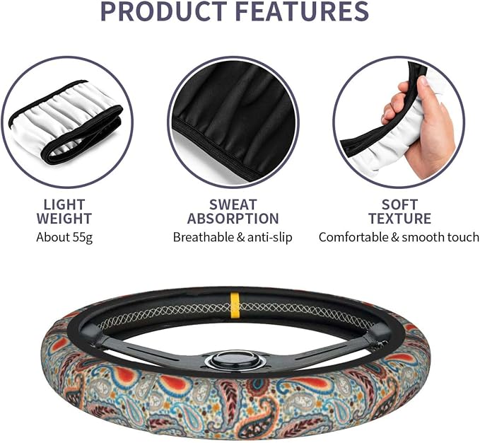 70s Disco Shirt Paisley Steering Wheel Cover Car Accessories Cute for Women Girls Girly Universal 15 Inch Neoprene Auto Interior Decor Anti Slip Car Truck Protector