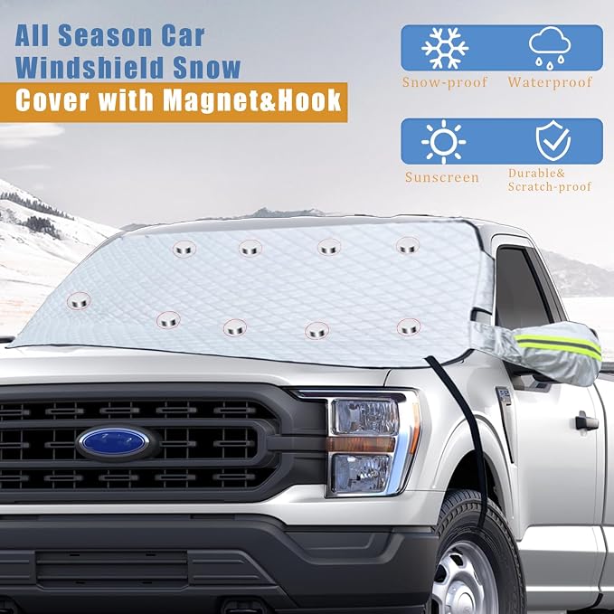 Car Windshield Snow Ice Cover with Side Mirror and Hook,Magnetic Windshield Cover for Ice and Snow,Car Windshield Sun Shade Foldable,Fit for Large SUV/Pickup/Truck/MPV(Silver-65 x49)