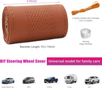 Genuine Leather Steering Wheel Cover, Stitch on Wrap, Breathable Anti-Slip Car Steering Wheel Protector for Max Diameter 15 Inch, DIY Sewing with Needles Thread (Brown, Middle Hole)