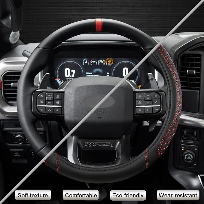 Customized Auto Car Steering Wheel Cover for Ford F-150, F-250, F-350, Expedition(Diamond Quilted - Black+Red)