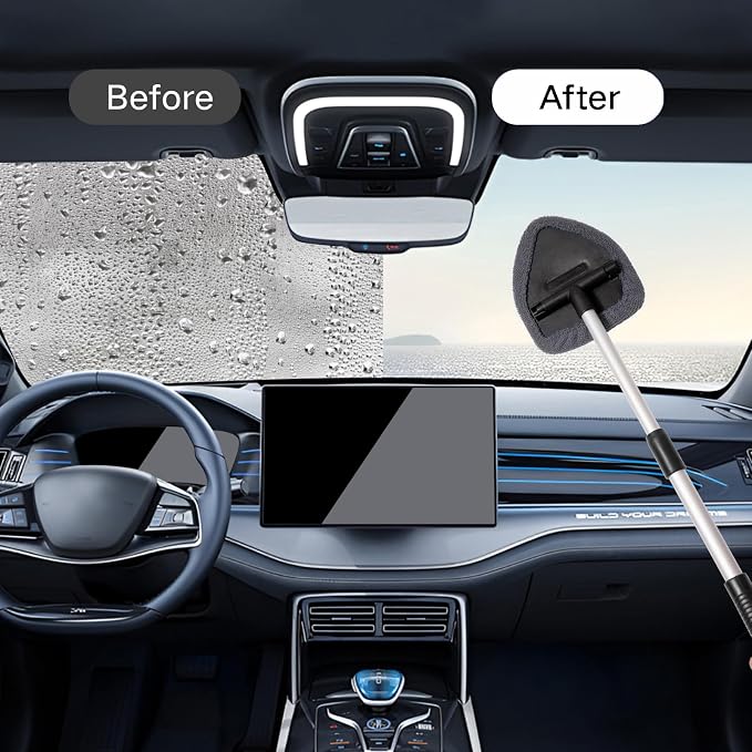 7pcs Windshield Cleaner Tool Car Window Cleaning Wash Kit with 4 Reusable Microfiber Pads 1 Spray Bottle and Extendable Handle Auto Glass Wiper Kit, Gray