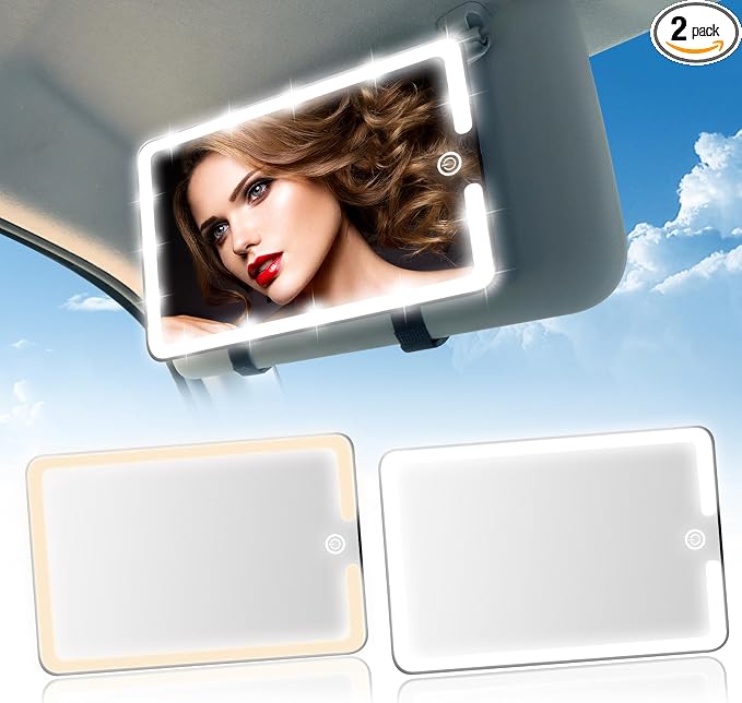 2PCS LED Mirror for Car Sun Visor Accessories,Mid-Size Car Visor Mirrors with 3-Color Dimmable Lights,Lighted Rear View Mirror for Universal Vehicle(BLACK)