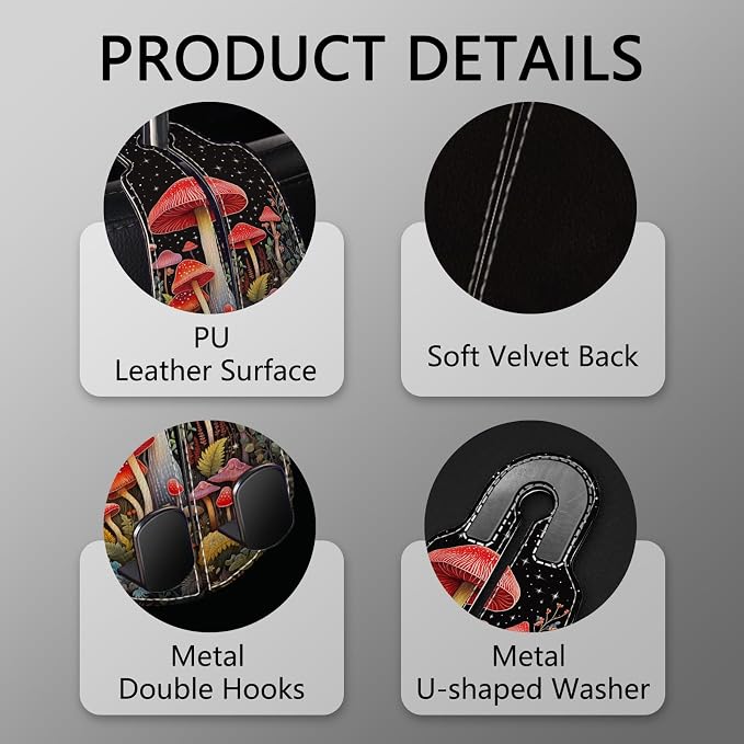 2PCS Car Seat Back Storage Headrest Hooks, Mushroom Purse Holder Bags Hanger, PU Leather Double Metal Hook for Backseat Organizer, Women Car Accessories Organization