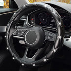 Diamond Soft Leather Steering Wheel Cover with Bling Bling Crystal Rhinestones, Universal 15 inch Anti-Slip, Car Interior Accessories for Women Girls, Black