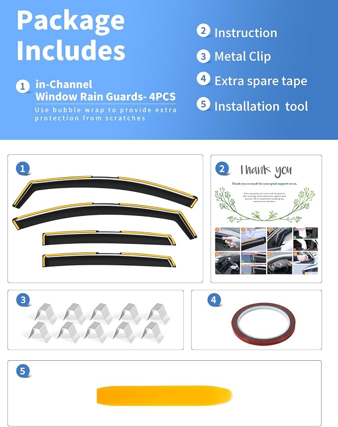 in-Channel Rain Guards Fit for Chevy Malibu 2016-2025(9 Gen) Window Rain Guard Extra Durable Window Deflectors Visor Side Window Vent Visors Vent Shades Exterior Car Accessories