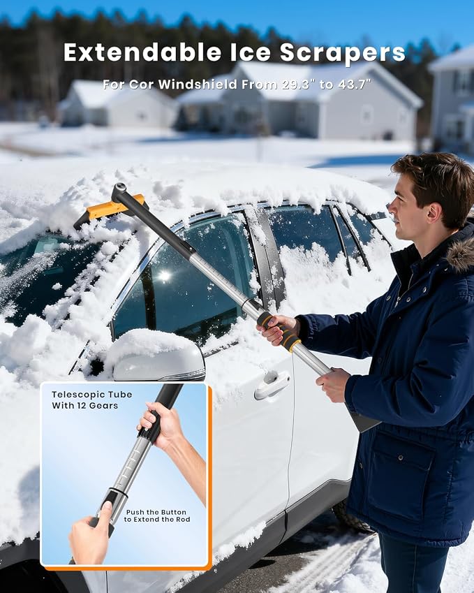 43.7" Extendable Ice Scrapers for Car Windshield for 12 Adjustable Length Settings with Foam Grip and 360° Pivoting Brush Head Detachable Snow Brush for Truck SUV(Orange)