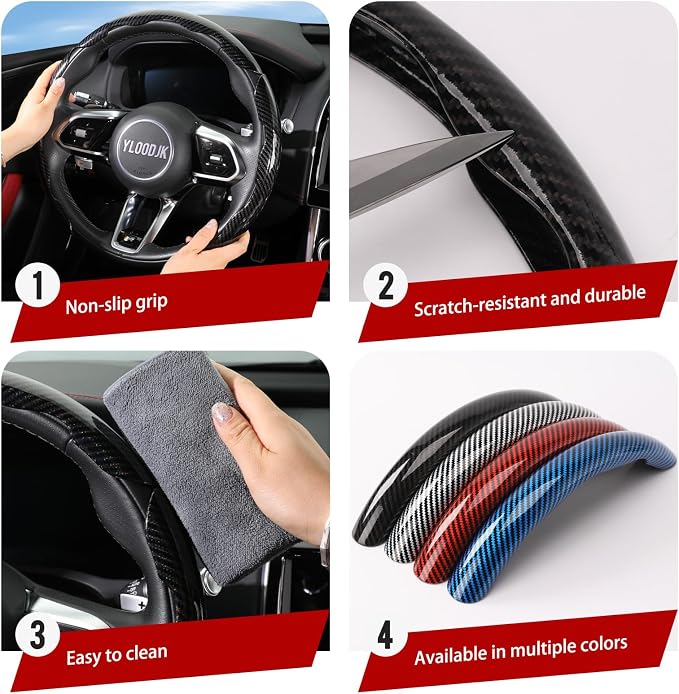 Universal Steering Wheel Cover,Carbon Fiber,3pcs Set(Black) | Clip-On Segmented Fit;Carbon Fiber Look;Fits Most 14-16 in Round or D-Shaped Wheels;Easy Wipe Clean;Non Slip;4 Colors