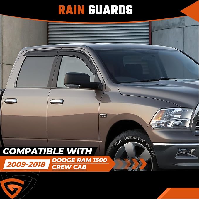 Rain Guards Fit for Dodge Ram 1500 Crew Cab 2009 2010 2011 2012 2013 2014 2015 2016 2017 2018, Tape-On Side Window Deflector Durable 2009-2018 Ram 1500 Crew Cab Rain Guard Black 4 PCS
