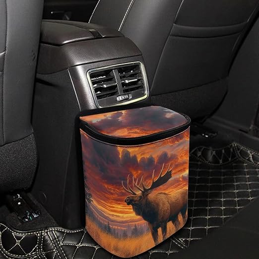 Forest Elk Cloud Print Car Trash Can with Lid, Leak Proof Auto Trash Bag Hanging Vehicle Garbage Can Multipurpose Storage Container for Back Seat Road Trip