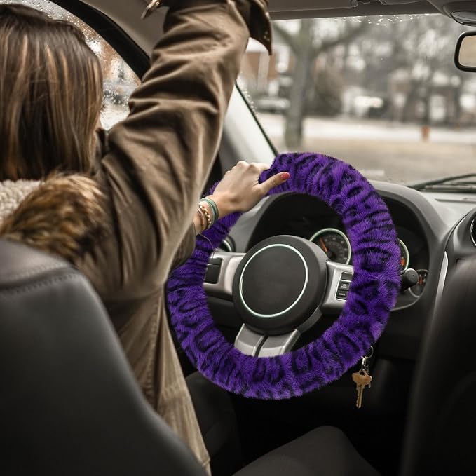Fuzzy Car Steering Wheel Cover, Universal Fit Fur Car Wheel Cover & Handbrake Cover & Gear Shift Cover Set, Fluffy Fashion Leopard Print Auto Steering Wheel Protector for Women Girls(Purple)