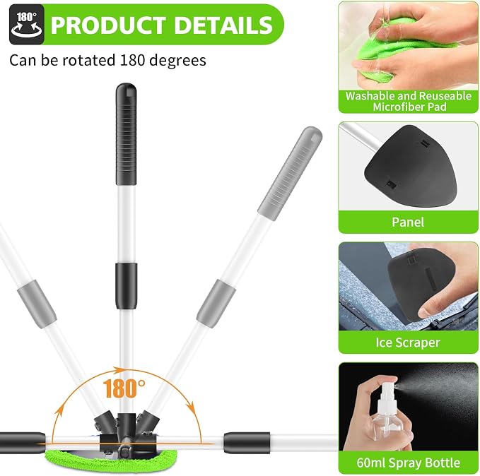 Windshield Cleaning Tool, 23-inch Extendable Handle Car Window Cleaner with 4 Reusable and Washable Microfiber Pads, Auto Glass Wiper Kit for Interior & Exterior, Ideal for Dirty Car Windows, Green