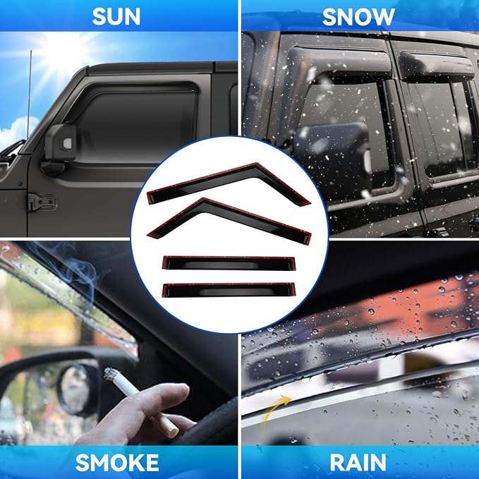 4pcs Front+Rear Smoke Tint Sun/Rain Guard Outside Mount Tape-On Vent Window Visors Compatible with 2020-2024 Jeep Gladiator 2018-2024 Jeep Wrangler JL 4-Door