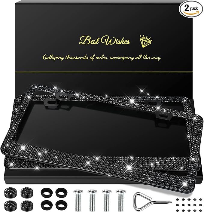 2 Pack Bling License Plate Frames for Women, Sparkly Rhinestone Diamond Car Accessories with Glitter Crystal Caps (Black)