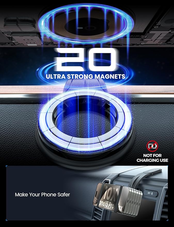for MagSafe Car Mount Detachable, Bendable Aluminum Arm Magnetic Phone Holder for Car【20 Strong Magnets】 Cell Phone Mount for Car Dash Fit iPhone 17 16 15 14 Pro Max Mini Mag Safe Accessories