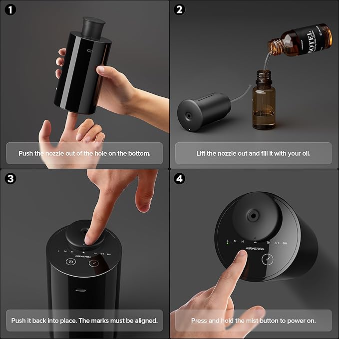 Waterless Essential Oil Diffuser Starter Kit with 4 x 10mL Hotel Scent Fragrance Oil, Battery Operated Mini Scent Air Machine Portable Diffuser for Home Car Office, AN6Kit-04 Black