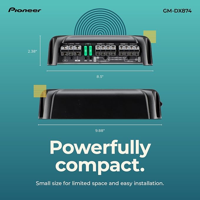 GM-DX874 1,200 Watts Class D Powerhouse Amplifier, 4-Channel Amp, Variable Low-Pass Filter, Compact Design, and Remote Bass Boost Control