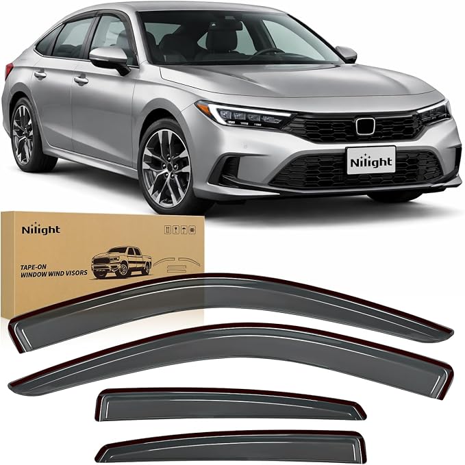 Tape on Rain Guards for Honda Civic Sedan 2022 2023 2024 2025 2026, Window Deflectors Window Visors for Fresh Air Circulation, Crack Window Open in Rain, Smoke Tinted, 4PCS