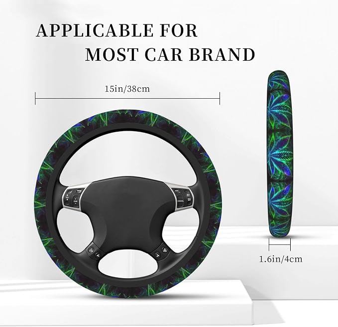Elastic Car Steering Wheel Cover,Psychedelic Cannabis Leaf Weed Plant Protector Upgrade Thicken,Durable Soft Car Accessories for Diverse Cars Truck SUV for Men Women Universal 15 Inch