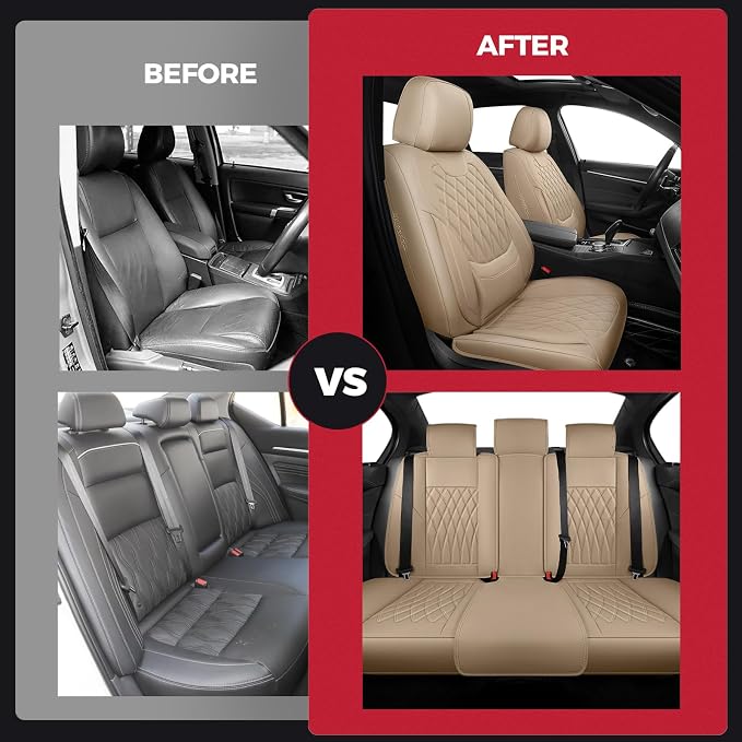 Beige Car Seat Cover Full Set - Faux Nappa Leather Seat Covers for Cars, Ultra Breathable Waterproof Front Seats Cushion Protectors with Lumbar Support, Universal Fit for Sedans SUVs Pickups