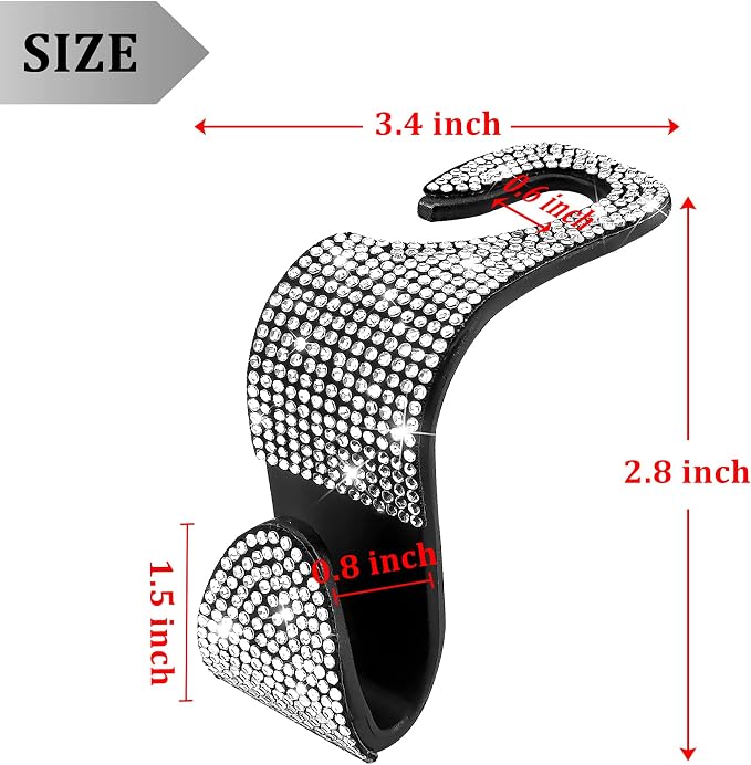2 Pack Car Hooks, 2021 New Bling Rhinestones Crystal Hooks Car Decorations Auto Seat Back Organizers Strong and Durable Backseat Hanger Storage Universal for SUV Truck Vehicle (Silver)