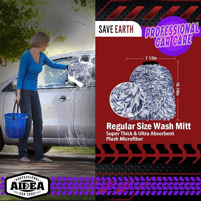 AIDEA Car Wash Mitt Microfiber, 2PK Wheel Cleaner Mitts, 7.12' X10.14'' | Scratch Free Lint-Free, Extra Plush Premium Microfiber Mitt Car Wash Brush, Regular Size