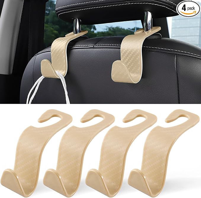 Car Purse Hook, Headrest Hook for Car, 4 Pack Universal Auto Car Seat Headrest Hook Hangers Organizer for Purse Coat Umbrellas Grocery Bags Handbag, Car Accessories - Carbon Fiber Beige