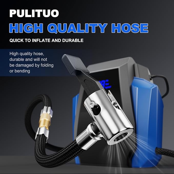 12V DC Tire Inflator - Portable Air Compressor 35L/min, 150 PSI Car Tire Pump with Auto Shut Off, Digital Pressure Gauge and LED Light, Blue