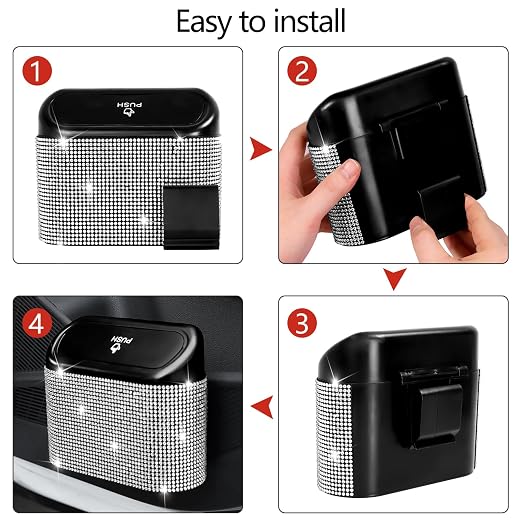 Bling Car Trash Can with Lid - 2 Pack, Mini Auto Garbage Can with 60 Trash Bags, Automotive Garbage Container Bin, Bling Car Accessories Trash Can for Women (Silver Diamond)
