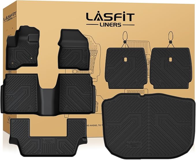 All Weather Floor Mat Set for 2009–2019 Ford Flex & 2010–2019 Lincoln MKT – 3 Rows Custom Fit Floor Mats + Cargo Liner & Seat Back Protectors – Premium TPE Interior Full Coverage Protection