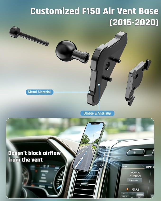 Car Vent Phone Holder for Ford F-150 2015-2020, Super Duty F-250 F-350 F-450 2017-2021, CNC-Machined Aluminum Air Vent Mount with Magnetic and Spring Clamp Heads, 45° Adjustable Truck Bracket