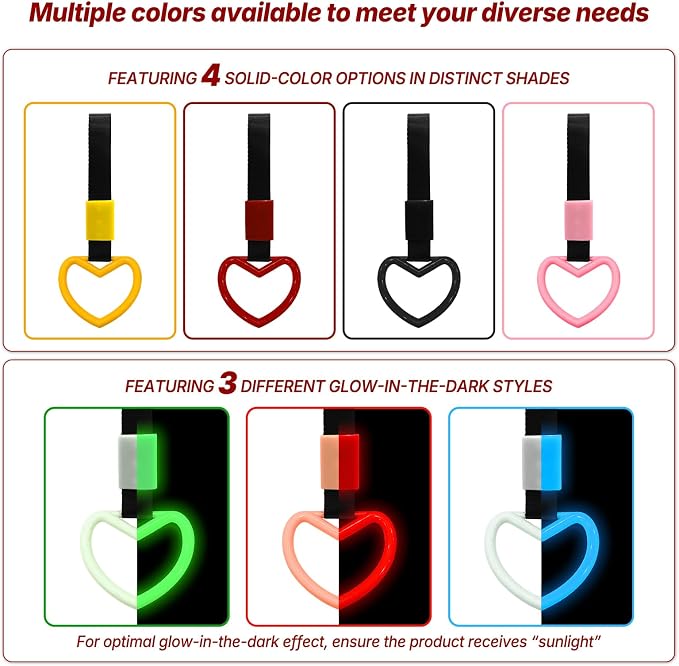 2 Pcs Heart Shaped Car Handle Strap – Drift Charm Rear Bumper Warning Ring Decor for Car Interior Exterior, Subway Bus Handle Accessory, Cute Heart Car Decor Gift for Women & Men (Red)