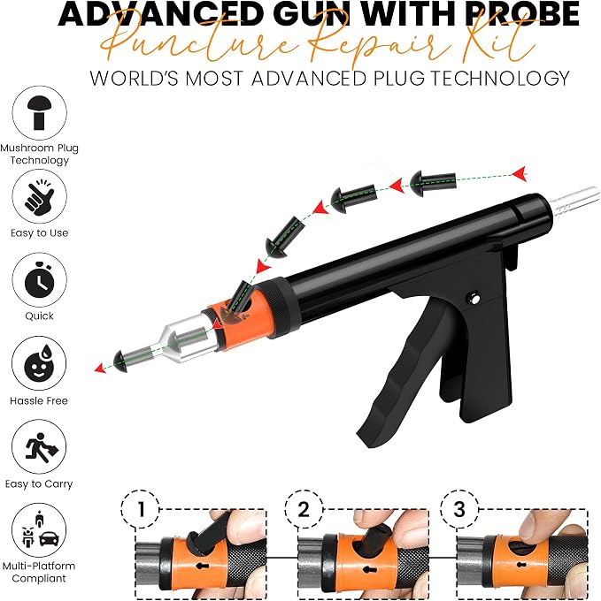 Tubeless Tire Gun Puncture Repair Kit with Mushroom Plug for Tyre Punctures and Flats on Cars, Motorcycles, ATV, Trucks & Tractors (Gun Puncture Kit with Hole 15 Plugs, Black)