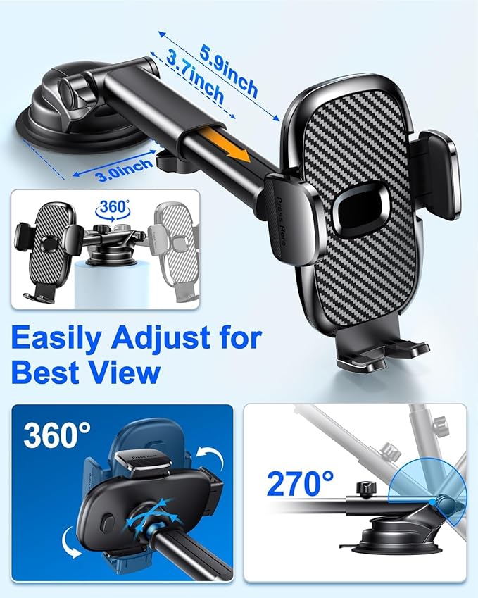 Car Phone Holder[Military-Grade 360°Suction Cup] Phone Holders for Your Car Universal Accessories Air Vent Dashboard Windshield Phone Mount Automotive Cradles Fit Shower & Wall Mounts iPhone