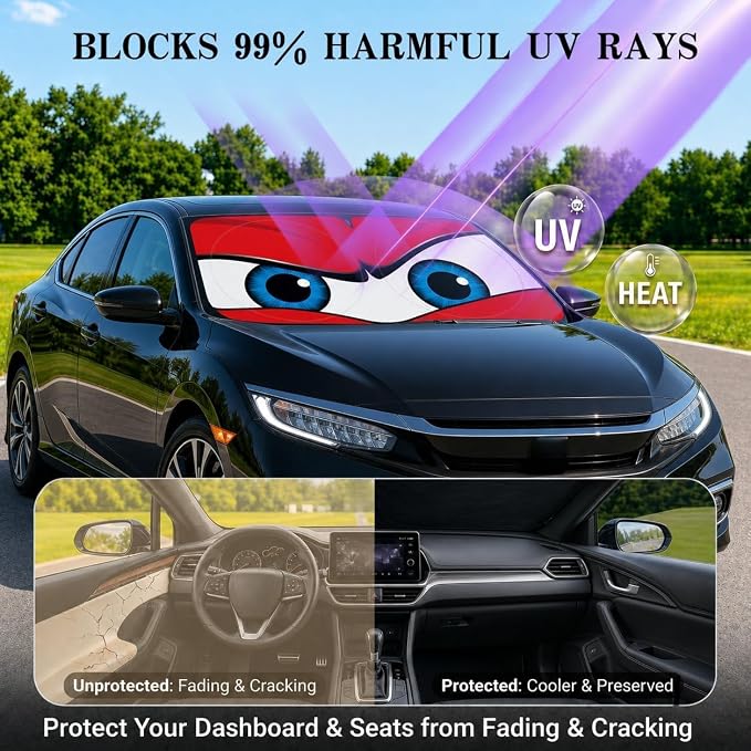 Car Windshield Sun Shade, Universal Fit Compact Sedan SUV, Angry Red | 59 x 27.5" Car Sun Visor, Foldable Front Window Sunshade, UV Heat Protection, Cute Eyes Series