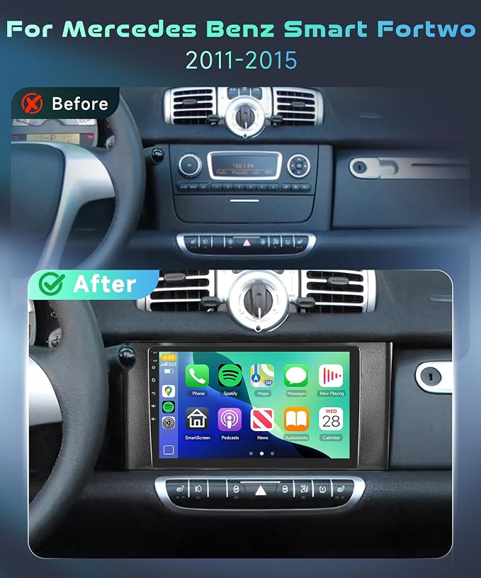 5/6GhzWiFi 8 Core 4GB+64GB for Mercedes Benz Smart Fortwo 2011-2015 Car Stereo Radio with 9 Inch IPS Touchscreen Carplay/Android Auto DSP Hi-Res GPS Android 15 FM/RDS SWC Camera