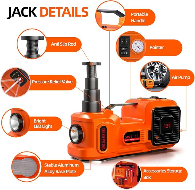 Car Jack Electric Hydraulic Jack 5Ton 155-450mm 3in1 Lift Inflator LED Light 12V Portable Outdoor Home Emergency Tire Change Roadside Rescue Tool