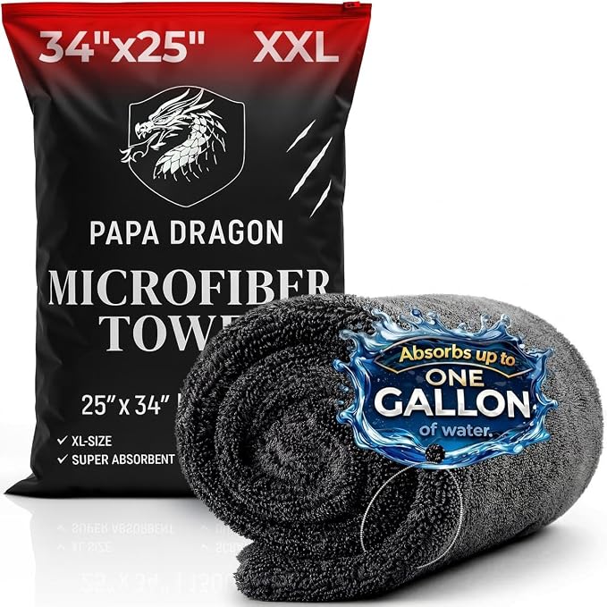 Papa Dragon Car Drying Towel – Extra Large 25"x34" - 1300 GSM Microfiber Towel, Twisted-Loop, Streak-Free, Scratch-Free, Ceramic Coating Safe, for Cars Trucks SUV – 1 Pack