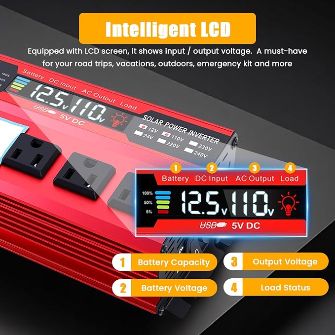 1000W Peak Power Inverter 12V DC Volt to 110V AC Car Inverter with LCD Screen Display, 3 AC Outlets, 4X 2.4A USB Port, Car Power Converter for Truck, Home, Vehicles, Laptop, Trip