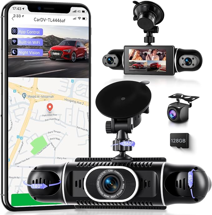 360° Dash Cam Front/Rear/Inside/Side 4-Channel Dash Camera FHD 2K+1080P×3 Car Dash Cam with WiFi, APP Control, 128GB SD Card Included, 8 IR Night Vision, G-Sensor, 24/7 Parking Mode