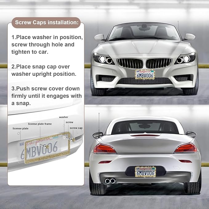 2 Pack Bling License Plate Frames for Women, Sparkly Rhinestone Diamond Car Accessories with Glitter Crystal Caps (Gold)